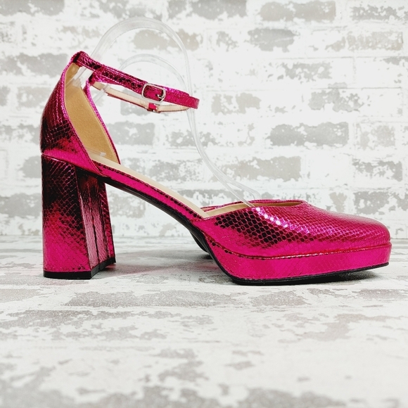 NEW BP BE PROUD Fynn Pink Metallic Ankle Strap Platform Heeled Sandals K297 - Picture 5 of 12